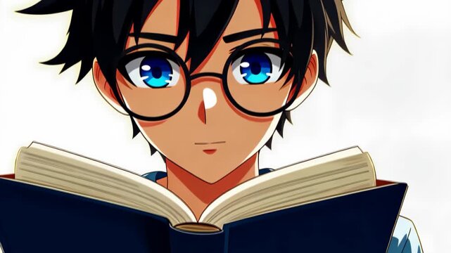 Curious Reader: A young, bespectacled individual immersed in a book, absorbed in the narrative, revealing intelligence, curiosity, and the joy of reading. 