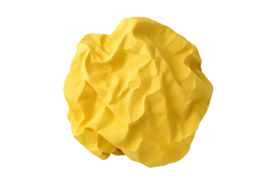 Yellow crumpled paper ball isolated on a transparent background, symbolizing a rejected idea, mistake, or creative block