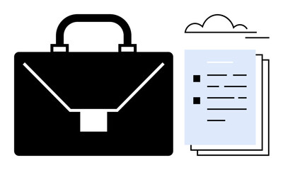 Black briefcase next to papers with checkboxes under a cloud. Ideal for business, organization, career planning, document management, project tasks, productivity, simple flat metaphor