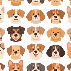 A seamless pattern featuring multiple cute dog faces in a flat design, showcasing various breeds and expressions.
