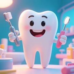 A cute cartoon tooth character holding a toothbrush and mirror, promoting dental care in a fun and friendly way.