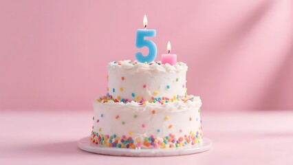 A two - tier birthday cake with white frosting, colorful sprinkles, and a number 5 candle for a festive celebration.