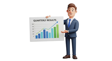 Cartoon-styled man in a suit presents a board detailing quarterly results with an upward-trending line graph.