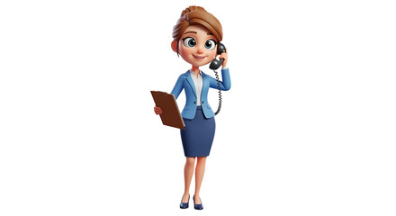 Animated business woman answering the phone, wearing a blue suit and holding a clipboard, standing straight.