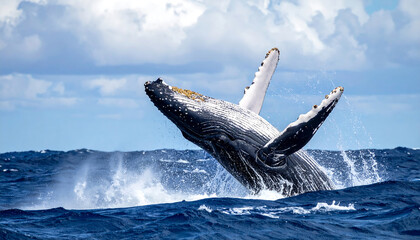 Naklejka premium クジラが海面上に高くジャンプし水しぶきを上げる壮麗で感動的な瞬間の記録