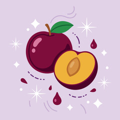 Juicy plum fruit with one whole and one cut in half showing the pit. Stone fruit. Flat vector illustration isolated on background.