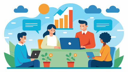A group of agribusiness representatives discuss market trends and pricing data in a virtual meeting using cloudbased software.. Vector illustration