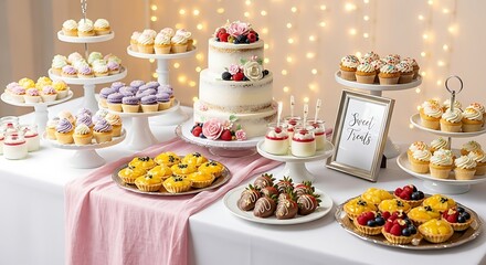 Dessert Extravaganza: A visually stunning array of delectable desserts and treats, including cupcakes, cake, tarts, and strawberries. This eye-catching display, perfect for celebrations.