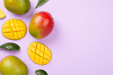Flat lay with mango on color background, top view