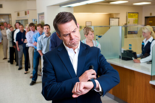 Impatient businessman checking watch in a long bank queue