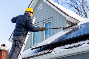 Worker on a ladder clearing snow from rooftop solar panels during winter for energy efficiency