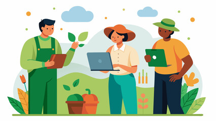 A group of farmers collaboratively analyze data collected from their farms including soil quality pest infestations and climate conditions to collectively make informed decisions. Vector illustration