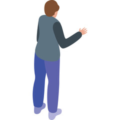 Isometric Back View of Person in Blue Pants and Gray Long Sleeve Shirt with Outstretched Hand on Transparent Background