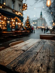 Festive holiday cafe scene featuring a handcrafted ceramic cup on a wooden table with blurred bokeh lights