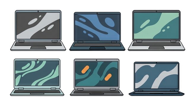 Pixelated Laptop Computers Collection in a Grid Arrangement on a White Background