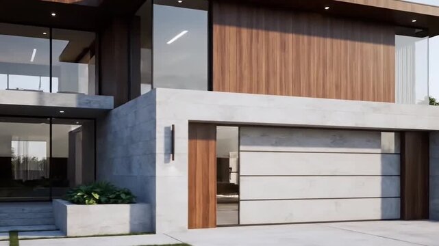 Contemporary House Exterior with Stone Facade and Wooden Cladding Under Bright Sunlight Elegant Modern Design Clear Sky Background Architecture