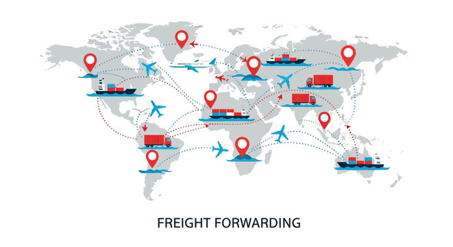 Infographic of global freight forwarding network with map and transportation icons