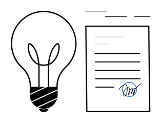 Lightbulb next to signed document, depicting creativity and agreement. Ideal for innovation, business decisions, startups, intellectual property, contracts, legal collaboration brainstorming. Simple