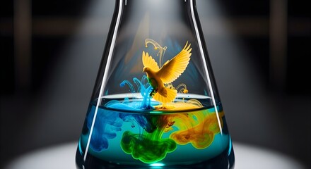 A golden peace dove emerges from swirling blue, green, and yellow liquids within a scientific flask, illuminated by a focused light from above.