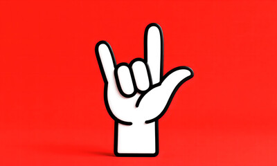 Vibrant 3D rendered rock on hand gesture icon against a bright red background.