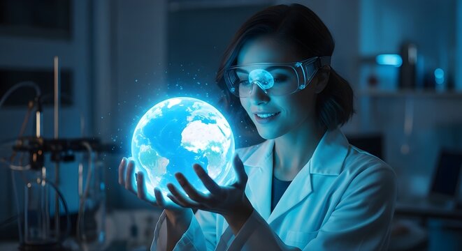 A scientist in a lab coat and goggles holds a glowing blue holographic Earth.