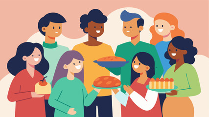 A group of friends gathering for a potluck each bringing a dish that holds special meaning to them. These shared meals can evoke positive emotional memories and promote social. Vector illustration