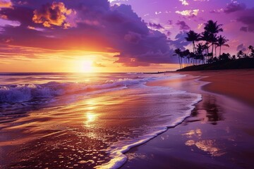 Gorgeous sunsets on beaches with golden sands, purple skies, palm trees, waves, sunlight dancing on water, clouds, and a serene vibe