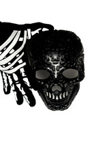 Hands in Skeleton Gloves Holding a Glossy Black Spooky Skull Mask Against a High Key White Background for Halloween Costume, Party and Horror Concept