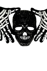 Hands in Skeleton Gloves Holding a Glossy Black Spooky Skull Mask Against a High Key White Background for Halloween Costume, Party and Horror Concept