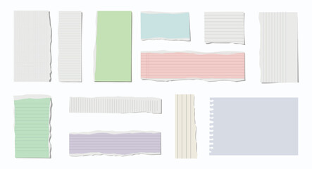 Collection of torn paper scraps in various pastel colors and sizes arranged on a white background