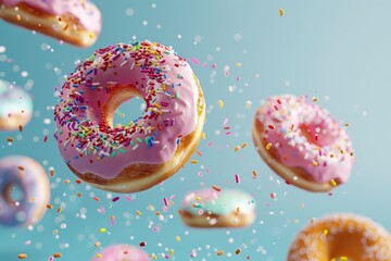 A lifelike photo of donuts coated in soft pastel glaze and vibrant sprinkles, hovering against a blue backdrop