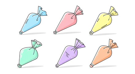 Set Of Six Colored Pastry Bags With Black Outline On White Background