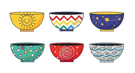 Colorful Pixelated Bowls Collection on White Background with Various Decorative Patterns