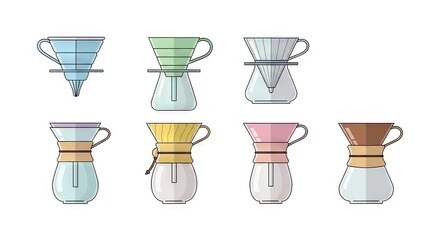Collection Of Coffee Brewing Devices With Various Colors And Designs In White Background