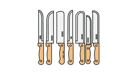 Pixelated Kitchen Knives Collection On White Background With Beige Handles