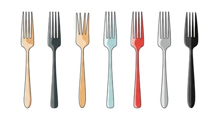 Array Of Colorful Fork Silhouettes On White Background With Abstract Edges Design
