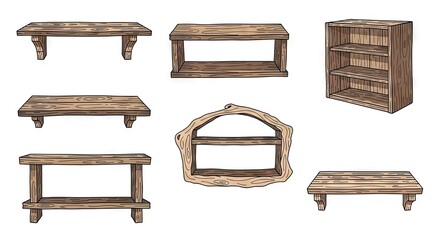 Collection Of Pixelated Wooden Furniture Illustrations With Varying Designs And Styles