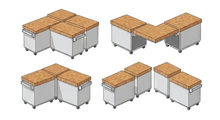 Isometric Modular Furniture Displayed in Various Configurations on White Background