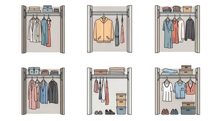Wardrobe Showcase Illustration with Assorted Clothing Items in Various Colors and Designs on White Background
