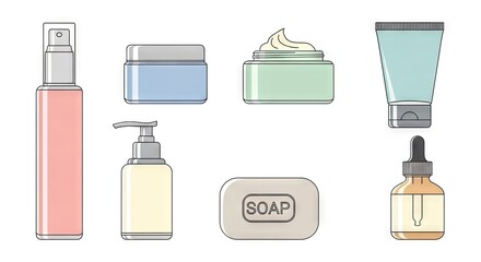 Collection of Skincare Products in Pastel Colors on a White Background with Geometric Aesthetic