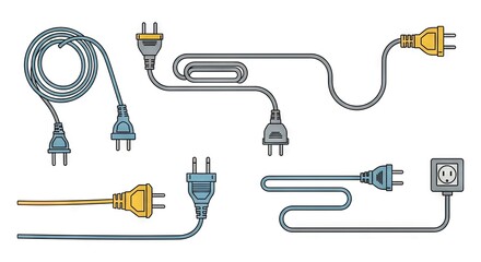 Pixelated Electrical Plugs and Cables Set on White Background