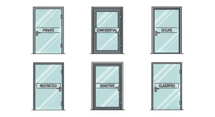 Set Of Six Vector Illustrations Of Glass Doors With Text Labels For Various Purposes