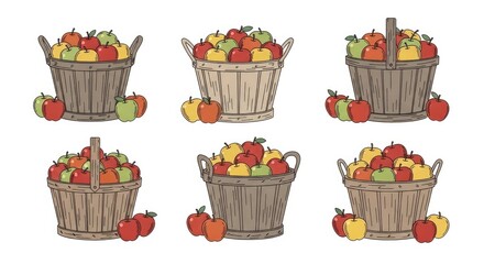 Watercolor Illustration of Six Baskets Filled with Assorted Apples on White Background