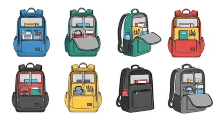 Pixelated Colorful Backpacks Displaying Contents Against White Background