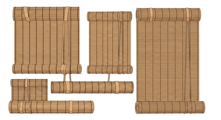 Arrangement Of Bamboo Blinds Displayed On White Background With Neutral Lighting And High Angle View