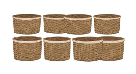 Arrangement of Cylindrical Objects with Beige Rims and Dark Textured Sides Against White Background