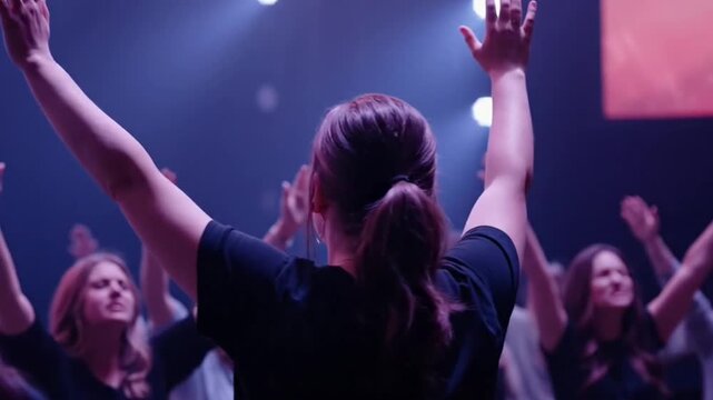 People Worshiping with Raised Hands in a Blue Lit Room with Spotlights Focus on Back View of Woman in Dark Top with Ponytail Among Crowd Expression of Faith