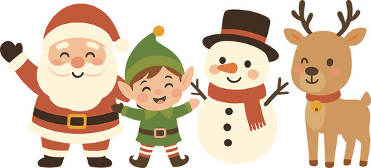 A vector-style greeting card wishing a Merry Christmas and Happy New Year, featuring a cute Santa Claus, a little elf, a snowman, and a deer amid a winter holiday cartoon scene