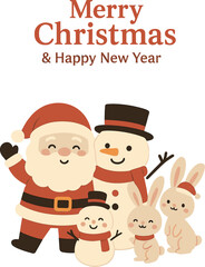 Fototapeta premium A 2023 Merry Christmas and Happy New Year greeting card featuring a cute Santa Claus, snowman, rabbit, and bunny, with a holiday cartoon character set in a winter season – Vector