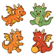 Obraz premium A collection of adorable baby dragons, featuring Chinese mythic creatures with horns, tails, and wings, along with humorous oriental zodiac characters that fly, play, and enjoy themselves, rendered